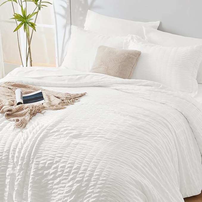 CozyLux California King Comforter Set with Sheets 7 Pieces, White Seersucker Bed in a Bag Cal King Luxury Soft Bedding Sets with Down Alternative Comforter, Sheets, Pillowcases & Shams for All Season