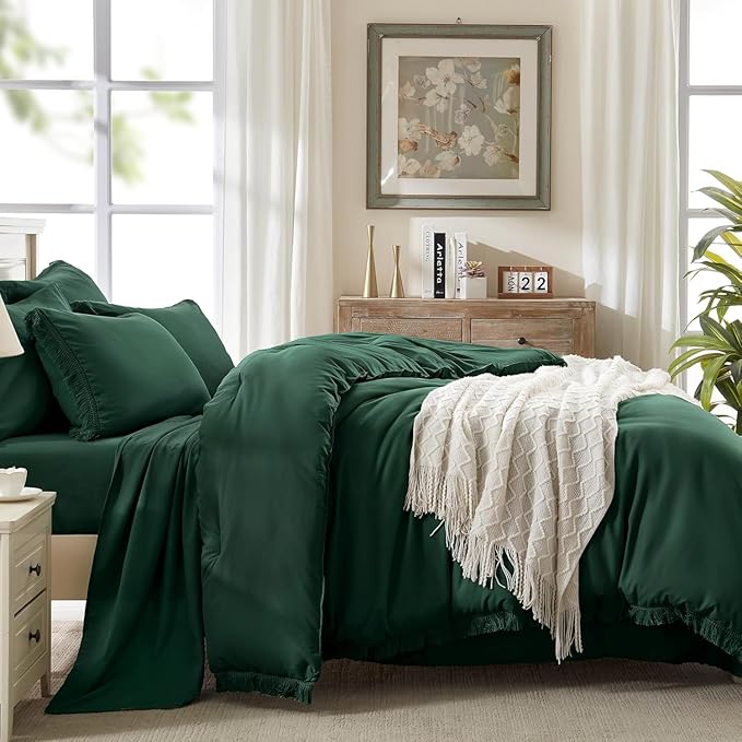 Andency Oversized King Comforter Set with Sheets 128x120 Dark Emerald Green - 7 Pieces Bed in a Bag Boho Soft Lightweight Bedding Set, Tassel Bed Set with Comforter, Sheets, Pillowcases & Shams