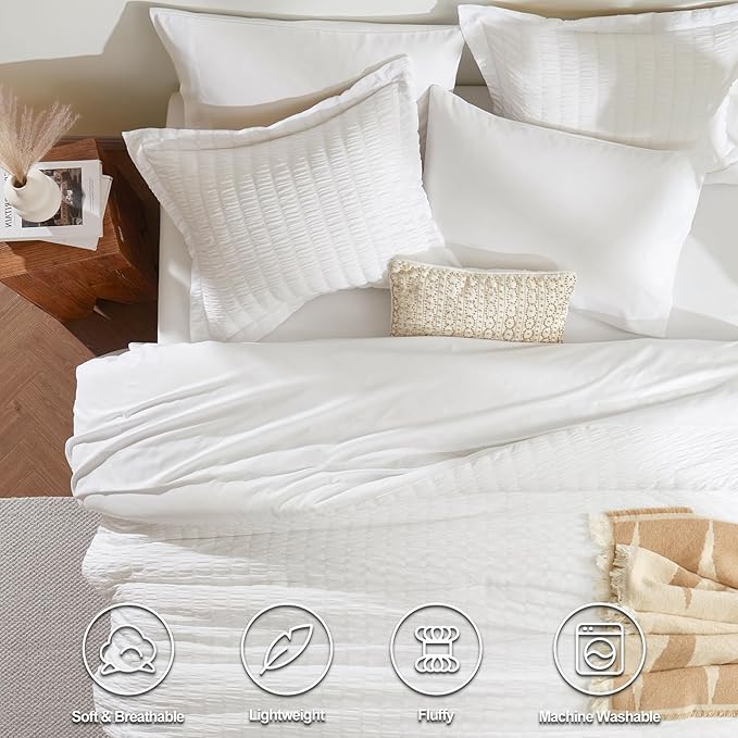 CozyLux California King Comforter Set with Sheets 7 Pieces, White Seersucker Bed in a Bag Cal King Luxury Soft Bedding Sets with Down Alternative Comforter, Sheets, Pillowcases & Shams for All Season
