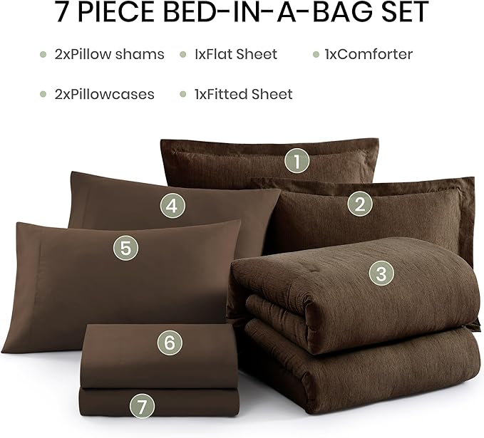 Monbix Full Size Comforter Set, Chocolate Brown Bedding Comforter for Full Size Bed Set Reversible, Bedding Sets Full 7 Pieces, Cationic Dyeing Bed in a Bag with Comforter, Sheets, Pillowcases & Shams