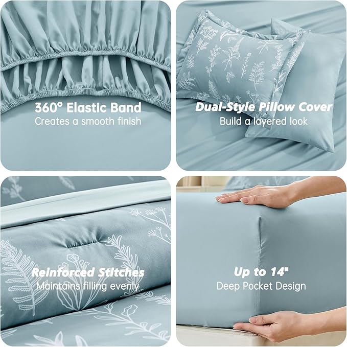 MUXHOMO Mineral Blue Twin Comforter Set, Elegant Floral Print Bed in a Bag 5 Pieces, Ultra Soft & Breathable Reversible Botanical Pattern Bedding Set with Comforter, Sheets, Pillowcase, and Sham