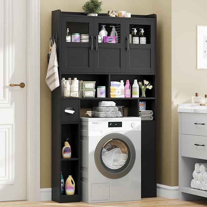 Over The Toilet Cabinet,Farmhouse Toilet Cabinet Rack with 3 Acrylic Doors and Adjustable Storage Shelf,Space Saving Bathroom Organizer with Toilet Paper Holder Stand for Restroom, Laundry，Black