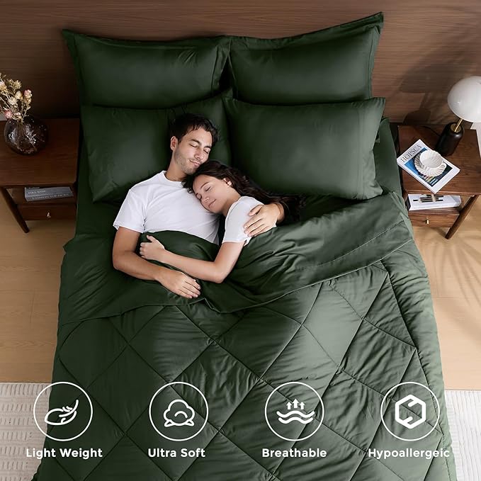 HEVUMYI Army Green California King Comforter Set - 7-Piece All Season Bed in a Bag Cal King, Ultra Soft Bedding Set with Comforter, Flat Sheet, Fitted Sheet, Pillowcases, Pillow Shams
