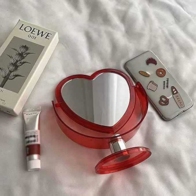1Pc Acrylic Double Side Makeup Mirror Cute Heart Shaped Cosmetic Mirror, Transparent Base Home Bedroom Desktop Make Up Mirror (Red)