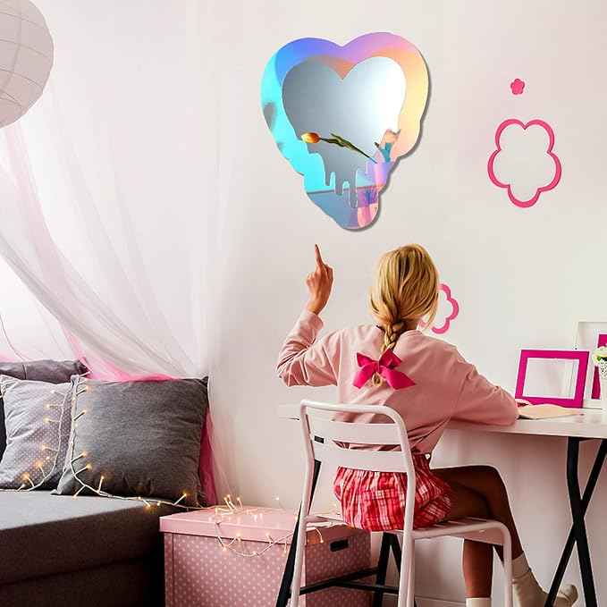 Irregular Wall Mirror Wavy Acrylic Rainbow Mirror Room Decor Aesthetic Mirrors Amorphic Vanity Retro Mirrors for Bedroom Living Room Bathroom Entryway Wall Decor, (Melting Heart Style, 13.5 x 12 Inch)