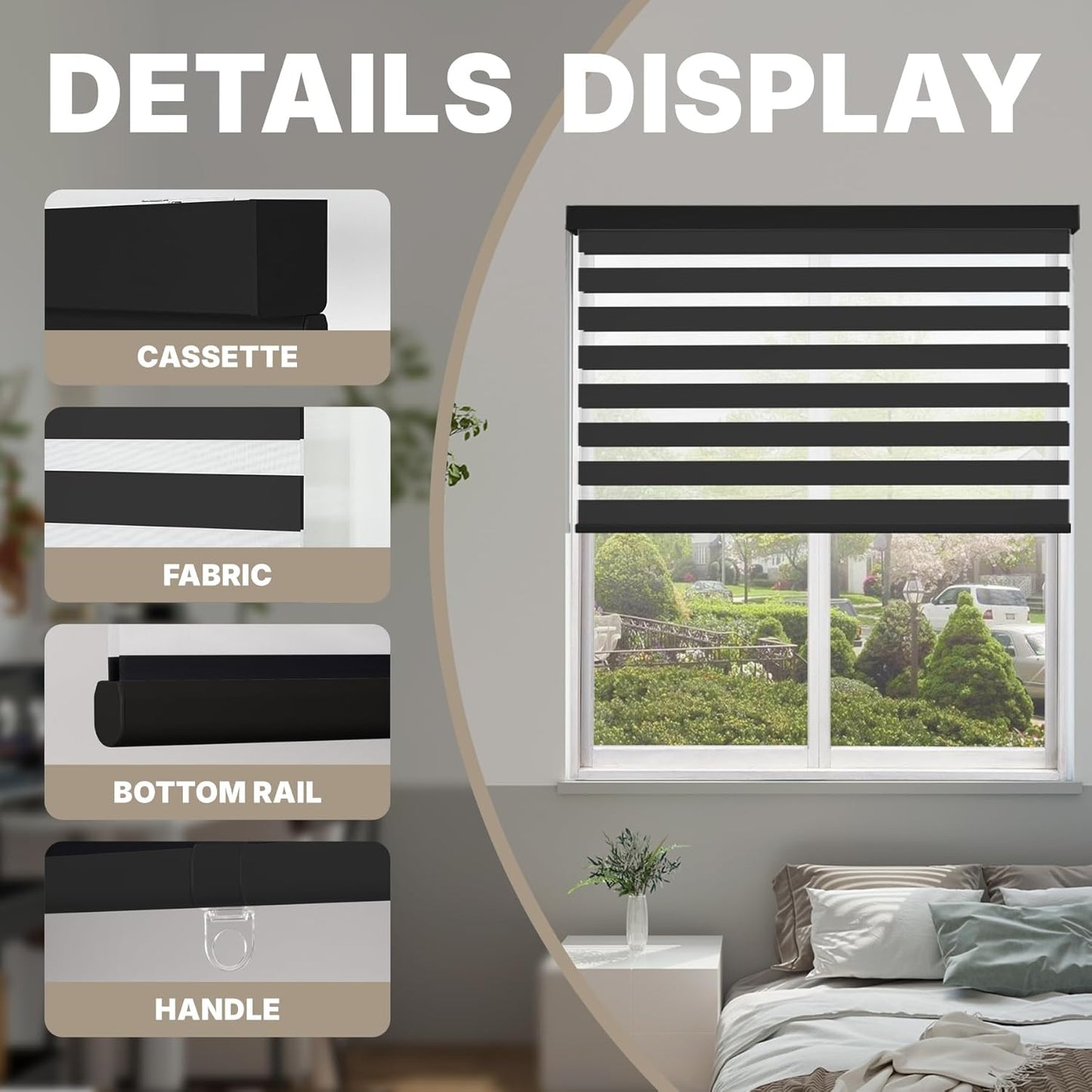 HESTIA Cordless Zebra Blinds Light Filtering Roller Shades UV Blocking Blackout Privacy Indoor Window Shades for Home Office Day and Night, Black,39" W x 54" H