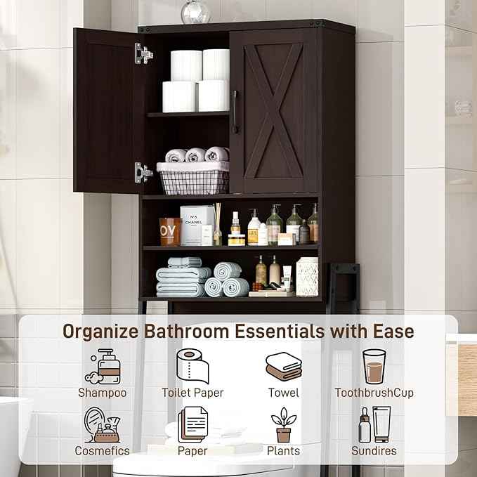 Vabches Over The Toilet Storage Cabinet, Farmhouse Over Toilet Storage Cabinet, Metal Frame with Barn Doors, Home Space-Saving Toilet Rack for Bathroom, Toilet, Laundry Room