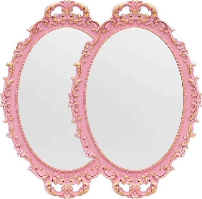 2PACK - Vintage Decorative Pink Framed Mirror, Wall Hanging Mirrors & Tabletop Tray for Bedroom Living Room Dresser Decor, Oval- 9.6" W x 14.3" L (PINK-2PACK)