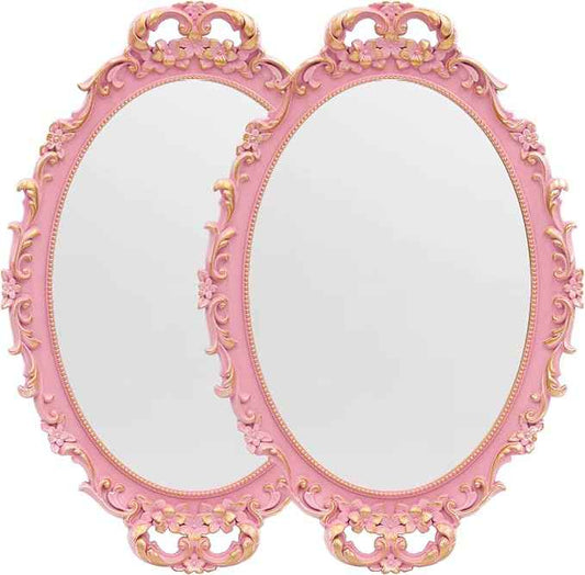2PACK - Vintage Decorative Pink Framed Mirror, Wall Hanging Mirrors & Tabletop Tray for Bedroom Living Room Dresser Decor, Oval- 9.6" W x 14.3" L (PINK-2PACK)