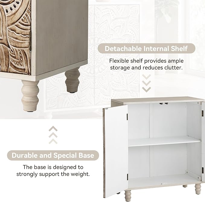 COSIEST 32" W Sideboard Buffet Cabinet with Storage, Accent Cabinet with 2 Push-to-Open Magnetic Doors, Vintage MDF Buffet Table for Living Room, Kitchen, Hallway (Gray,Lotus Pattern) | with Storage, Accent Cabinet, Vintage, Buffet Table, Lotus Pattern