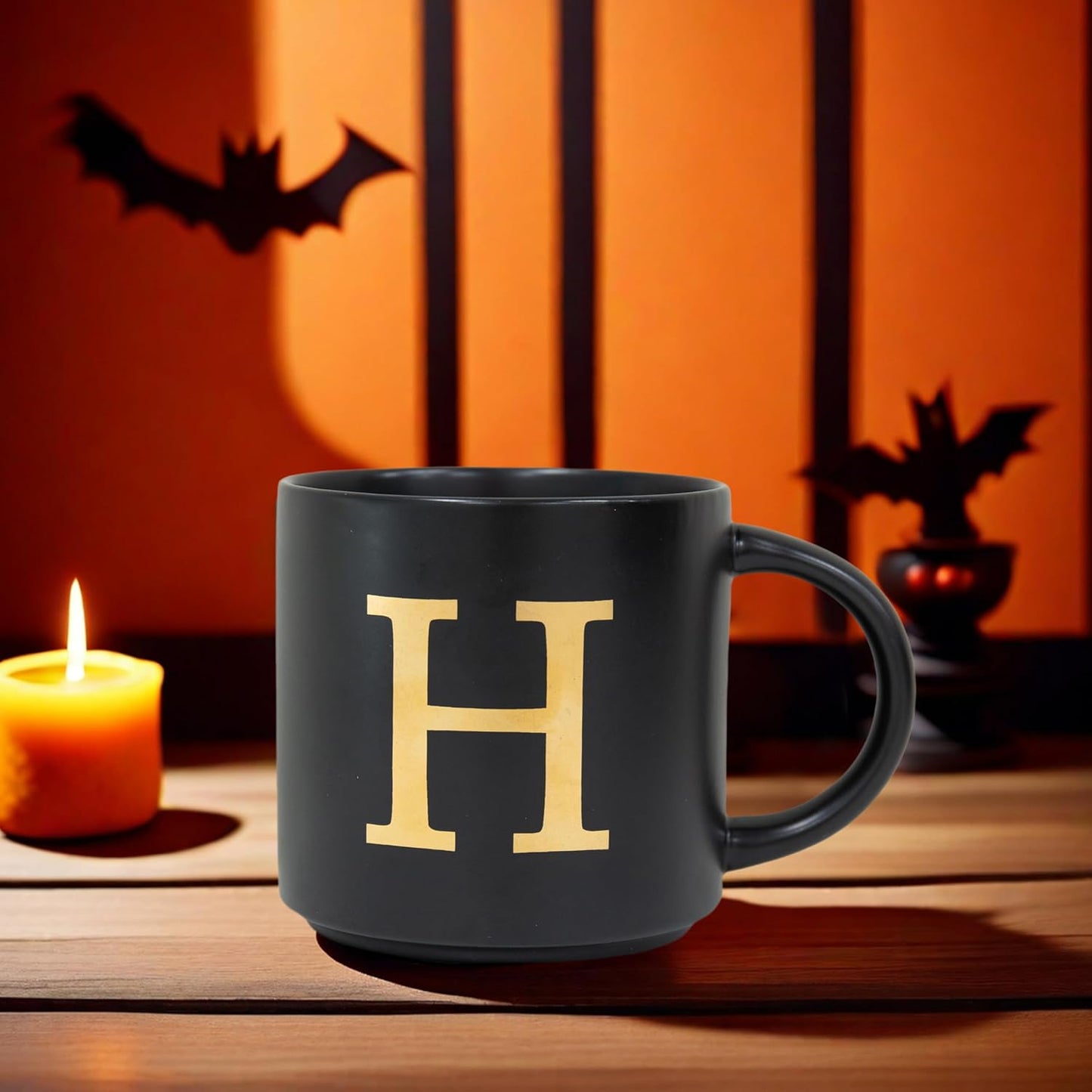 COLLECTIVE HOME - Monogram Ceramic Mugs, 15 oz Golden Initial Black Coffee Cups, Elegant Alphabet Tea Mugs, Elegant Personalized Mug with Gift Box, Unique Mug with Double Side Capital Lette (H)