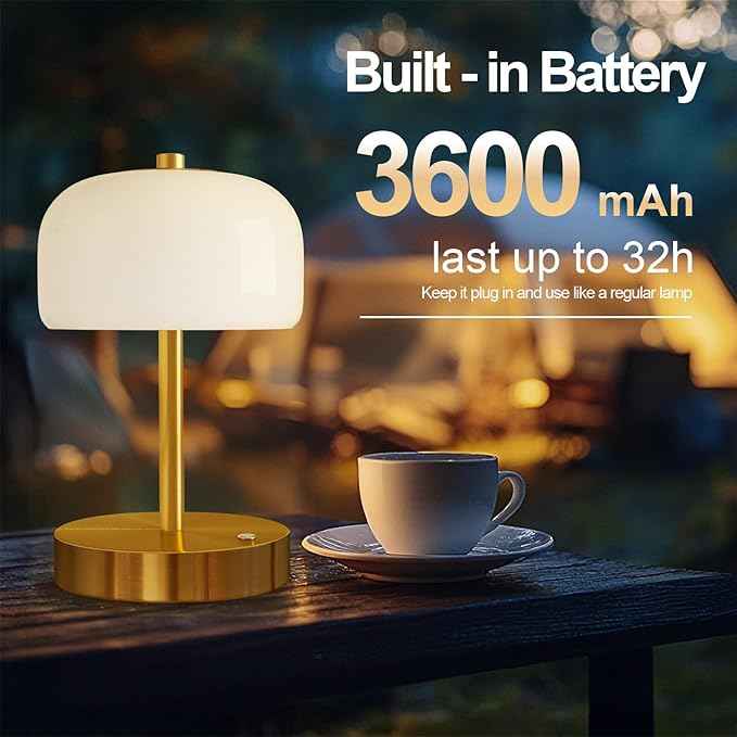 Oneach 9" Cordless Table Lamps Set of 2, Gold Rechargeable Battery Operated Lamp, 3-Way Stepless Dimming Touch Mushroom Lamps, Small Glass Nightlight for Bedroom Dining Table Living Room Shelf Decor