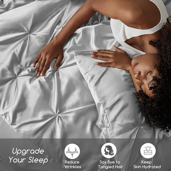 MR&HM Satin Comforter King 7 Pieces - Luxurious Pinch Pleat Bedding Set with Comforter, Flat Sheet, Fitted Sheet, Pillowcases & Shams, Super Silky Soft Bed Set for All Season (King, Silver Grey)