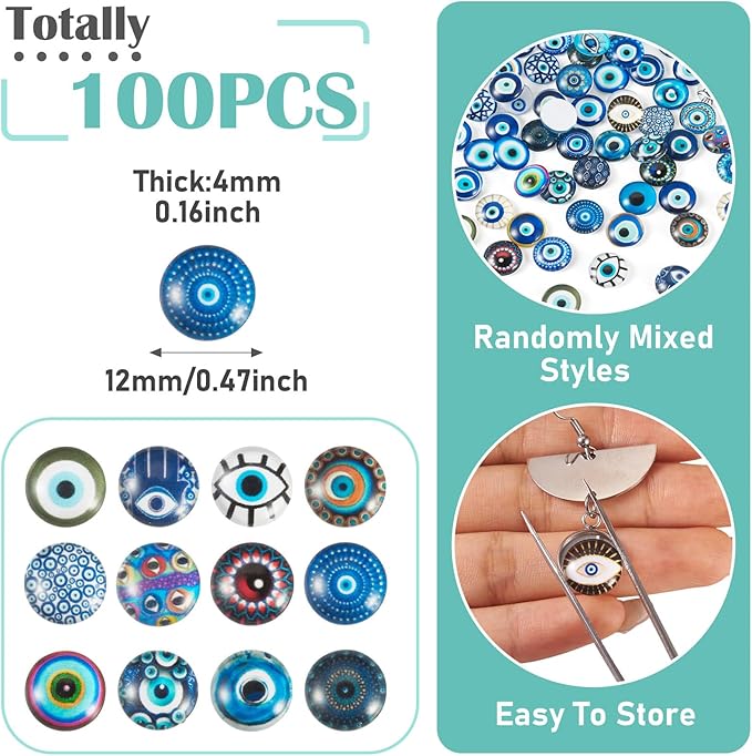 Craftora 100Pcs 12mm Transparent Glass Cabochons Mixed Blue Evil Eye Printed Cameo Dome Tiles Flat Back Glass Covered Dome Tiles for DIY Bracelets Necklace Scrapbooking Art Crafts