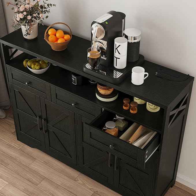 52" L Modern Farmhouse Sideboard Buffet Cabinet, Black Storage Cabinet with Drawers & Shelves, Kitchen Pantry Hutch, Coffee Bar Station Table for Living Room, Dining Room, Entryway