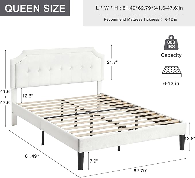 VECELO Queen Size Bed Frame with Velvet Upholstered Headboard, Platform Bedframe Mattress Foundation, Sturdy Wooden Slats Support,No Box Spring Needed Noise Free/Easy Assembly, White