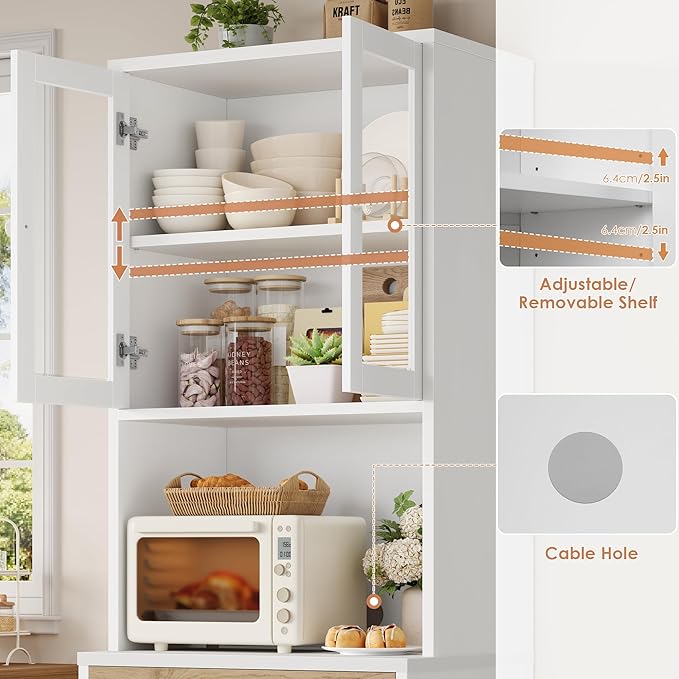 Keyluv 71“ Tall Kitchen Pantry Storage Cabinet with Microwave Stand, Buffet Kitchen Hutch with Shelves and Drawers, Wood Coffee Bar Pantry Cabinet with Glass Doors, for Dining Room/Small Space, Khaki