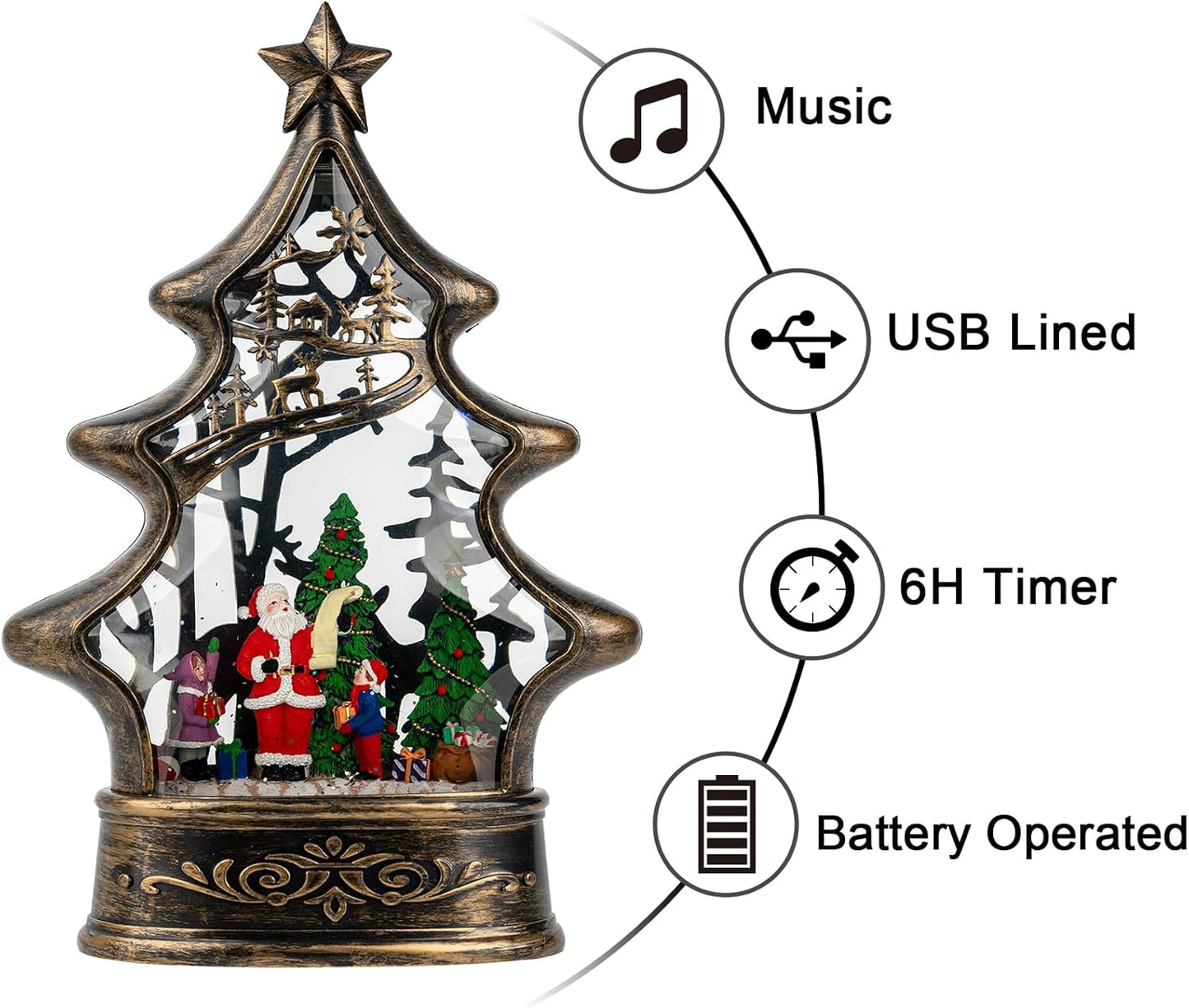 Musical Snow Globe Christmas Tree Lantern Lighted Santa's List Christmas Snow Water Lantern Swirling Glittering Home Decoration and Gift, Battery Operated or USB Powered