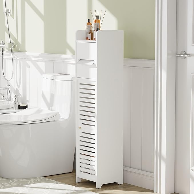 VECELO Storage Cabinet for Small Spaces,Bathroom Cabinet with Toilet Paper Scroll, Short Corner Cabinet with Farmhouse Style Door for Bathroom Space,White