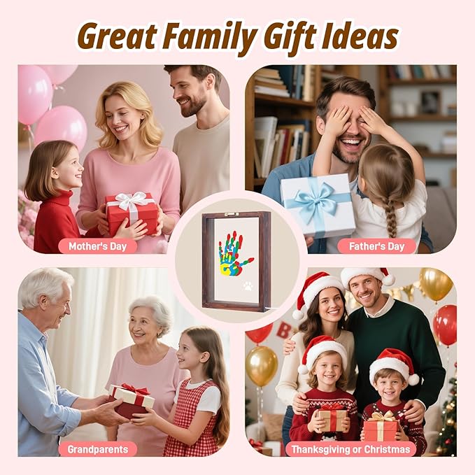 Family Handprint Kit with Light, 5 Non-Toxic Paints, Hand Prints Ornament Keepsake Frame for 4, DIY Craft Gift for New Parents & Mom & Baby, Grandparents, Mother's Day, Father's Day