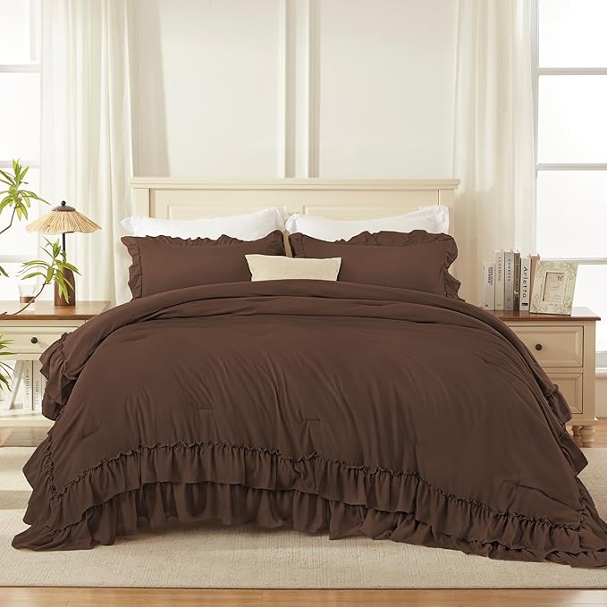 Andency Brown Full Size Comforter Set (79x90Inch), 3 Pieces Fluffy Farmhouse Shabby Chic Ruffle Bedding Comforter Sets, All Season Soft Lightweight Bed Set