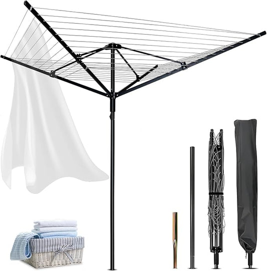 Outdoor Umbrella Drying Rack,Rotary Retractable Clothes Line,Outdoors Adjustable Height Drying Rack Clothing 12 Lines 4 Arms with 165 Feet Drying Space,Collapsible Clothes Drying Rack for Backyard