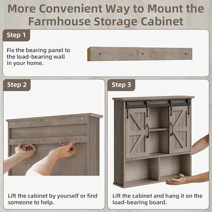 Vabches Bathroom Wall Cabinet, Farmhouse Wooden Medicine Cabinet with Double Sliding Barn Door and Adjustable Shelves, Farmhouse Storage Cabinet Wall Mounted for Bathroom, Kitchen Dining, Washed Oak