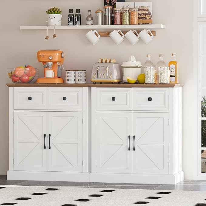 Vabches Farmhouse Buffet Sideboard with Drawers, Wood Pantry Cabinet with Storage, Rustic Storage Cabinet with Adjutable Shelf and Barn Door for Kitchen, Dining Room, Living Room, White