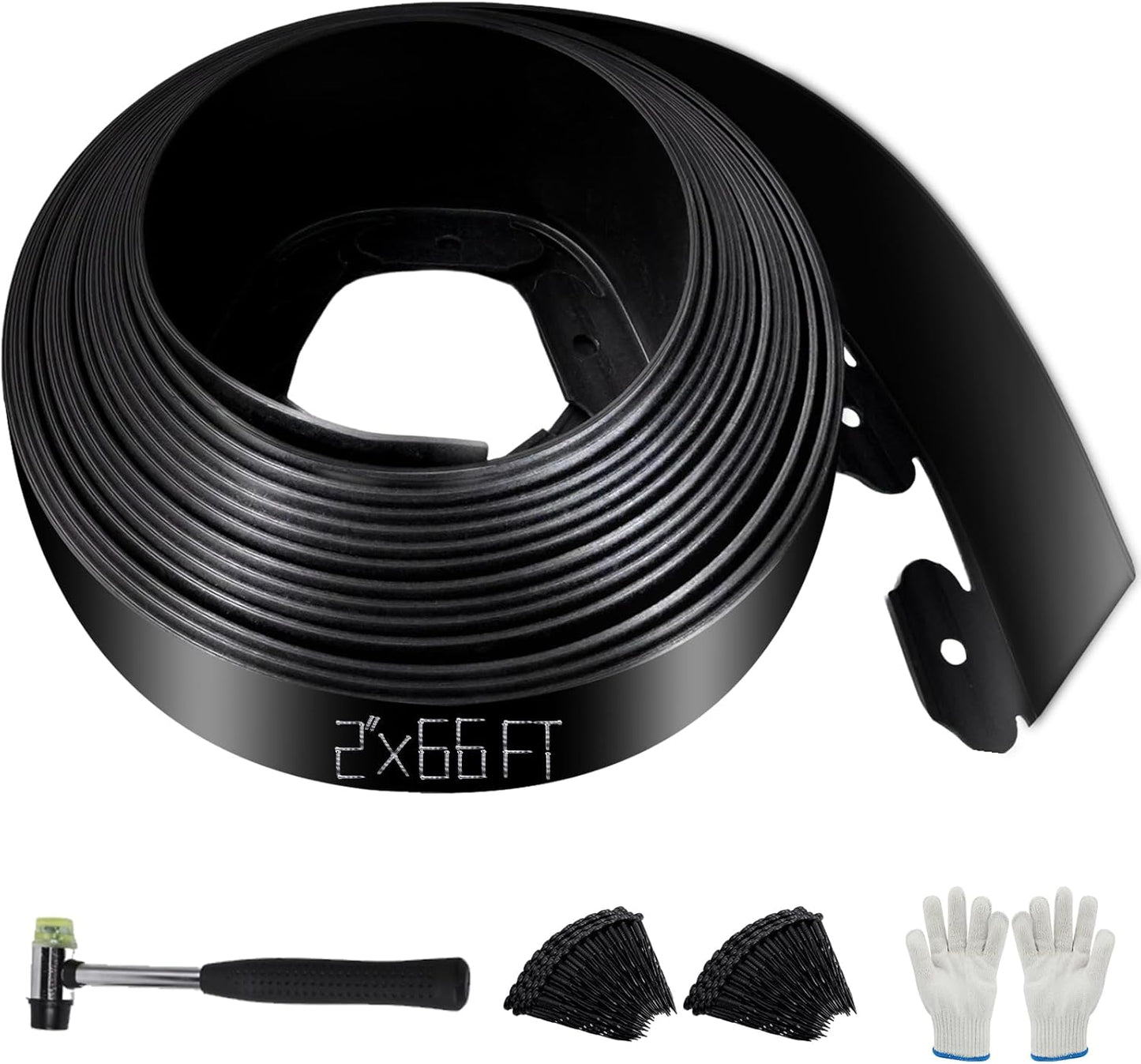 No Dig Landscape Edging 2" x 66FT Kit, Plastic Edging for Landscaping with 200 Spikes, for Garden, Lawn, Flower Beds and Yard, Black