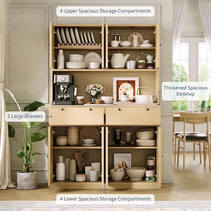 Garvee 71" Tall Kitchen Pantry Storage Cabinet with Charging Station, Food Hutch with Drawers, Doors, Shelves, and Countertop for Dining Room