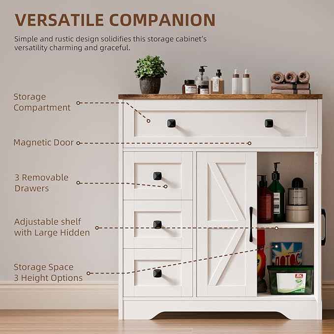 Vabches Farmhouse Storage Cabinet with 2 Doors and 4 Drawers, Freestanding Bathroom Storage Cabinet Kitchen Pantry, Floor Hutch Cupboard for Living Room/Bathroom/Kitchen.(Antique White