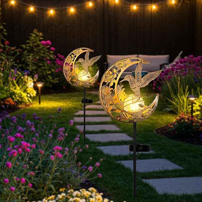 Solar Hummingbird Garden Gifts for mom/Grandma/Women,Lights Outdoor Decor - Moon & Bird SolaGardenLights Waterproof, Auto On/Off Pathway Lighting for Yard/Lawn/Patio,Thanksgiving Day