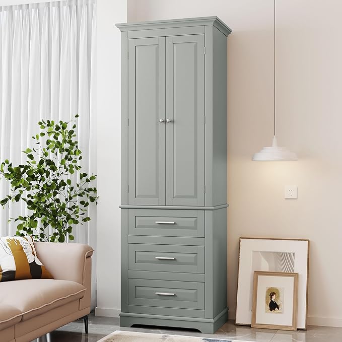 62.2" Wide Storage Cabinet Pantry Cupboard with Doors and Drawers for Home Kitchen, Bathroom and Living Room, Adjustable Shelf, White