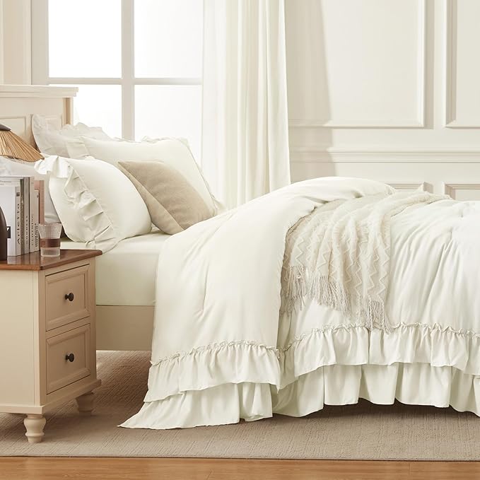 Andency Ivory Comforter Set Queen Size, Lightweight Fluffy Farmhouse Ruffle Bedding Set, Soft Microfiber All Season Shabby Chic Bed Comforter Set 3 Pieces(1 Comforter 2 Pillowcases)