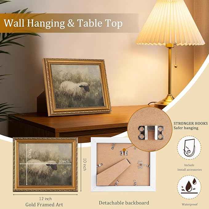 uniro Vintage Gold Framed Wall Art, Rustic Sheep Landscape Canvas Art Prints Painting, Moody Summer Countryside Sheep Pasture Picture Wall Decor, Rustic Animal Frame Art for Bedroom, Gallary, Living Room, Office, Farmhouse Cabin Decor- 8x10Inch