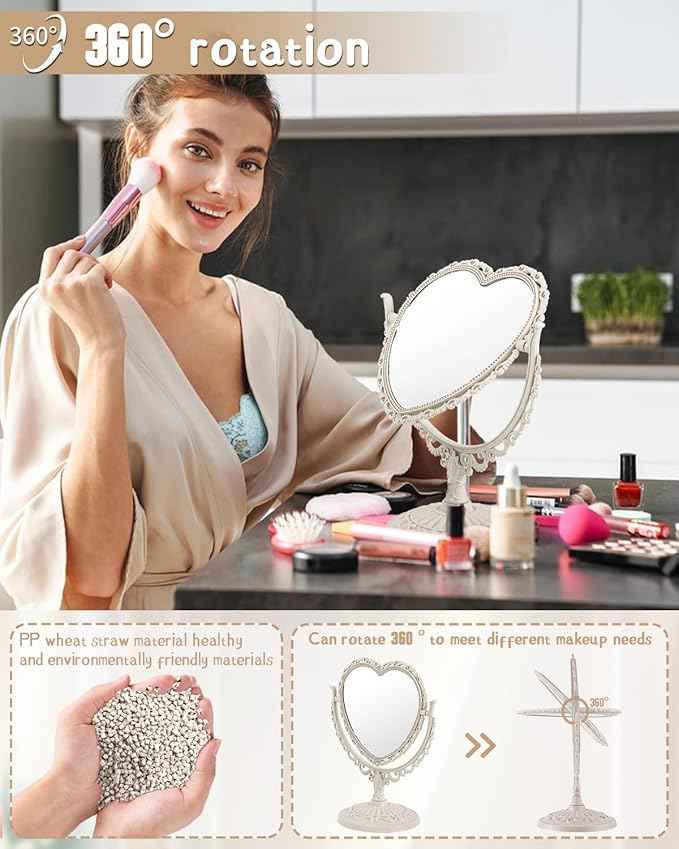 D&XQAUO Vintage Heart Mirror for Desk Cute Coquette Room Decor,Vanity & Bathroom Double-Sided Rotating Makeup Table Mirror with Stand