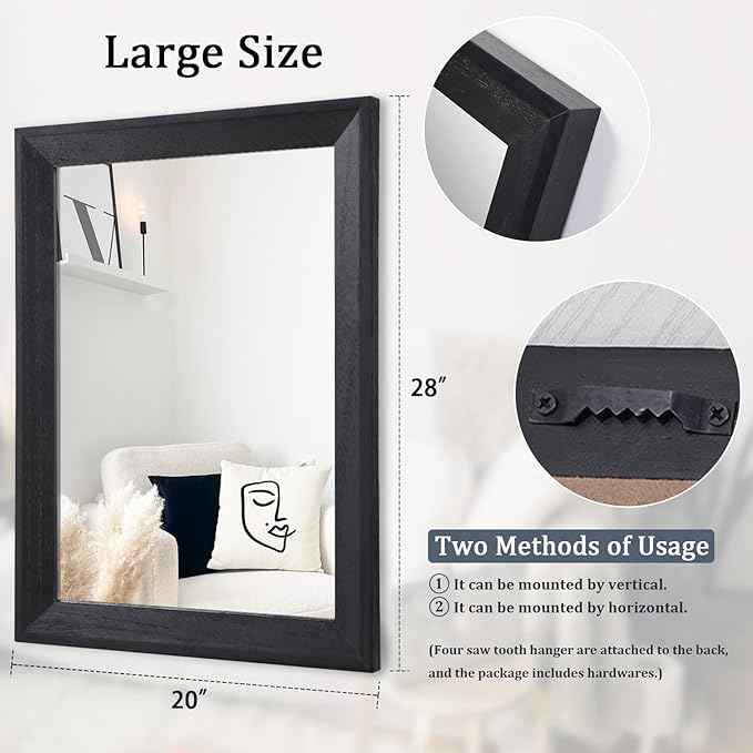 AAZZKANG Black Mirrors for Wall Rectangle Wood Framed Large 28"x20" Decorative Wall Mirror for Bedroom Bathroom Living Room Dressing Room Entryway