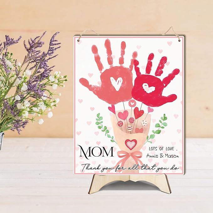 Mom Pink Floral Bouquet DIY Baby Handprints Art Craft Handprint Making Sign, Mothers Day Handprint Hanging, Mother's Day Birthday Gift from Kids Toddler Baby Gift for Mom, Children Toddler Keepsake