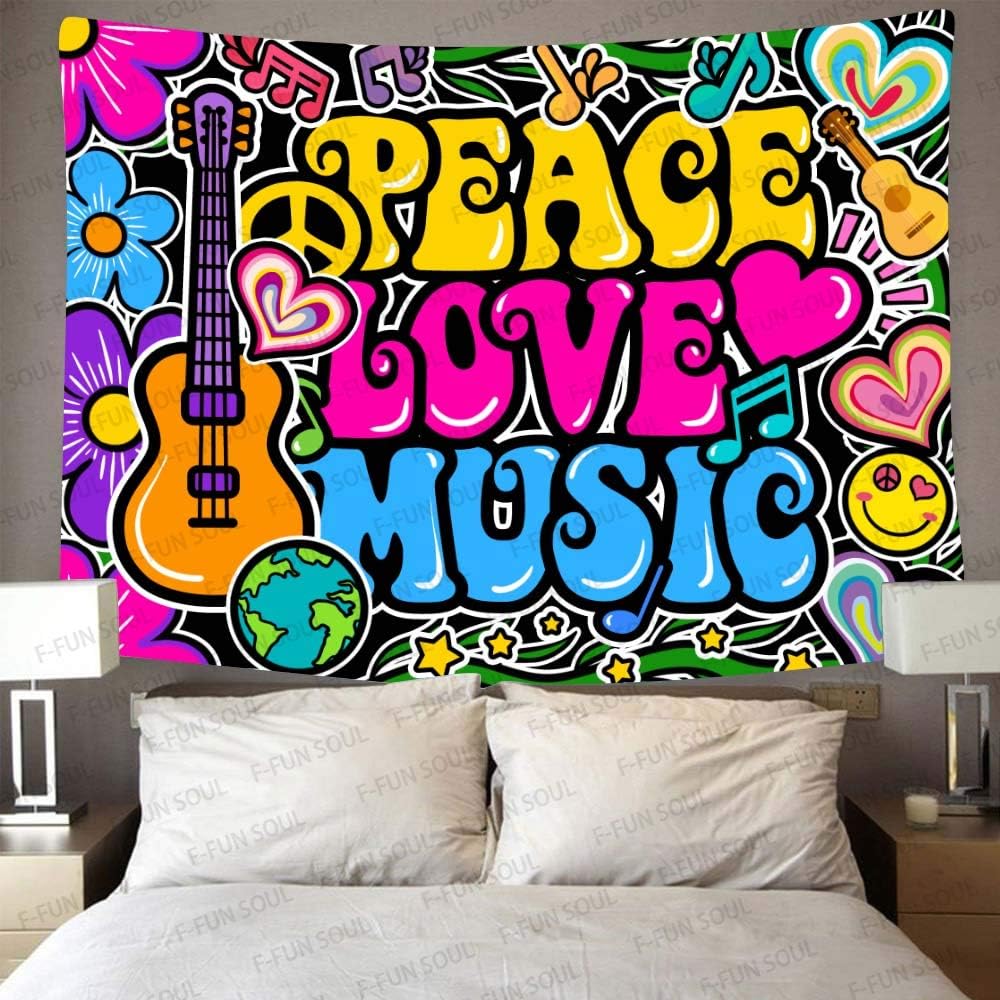 F-FUN SOUL Peace Love and Music Tapestry, 80x60inches Soft Flannel, Guitar Symbol Dove Flowers Psychedelic Art Tapestries Wall Hanging for Bedroom Living Room Decor Banner