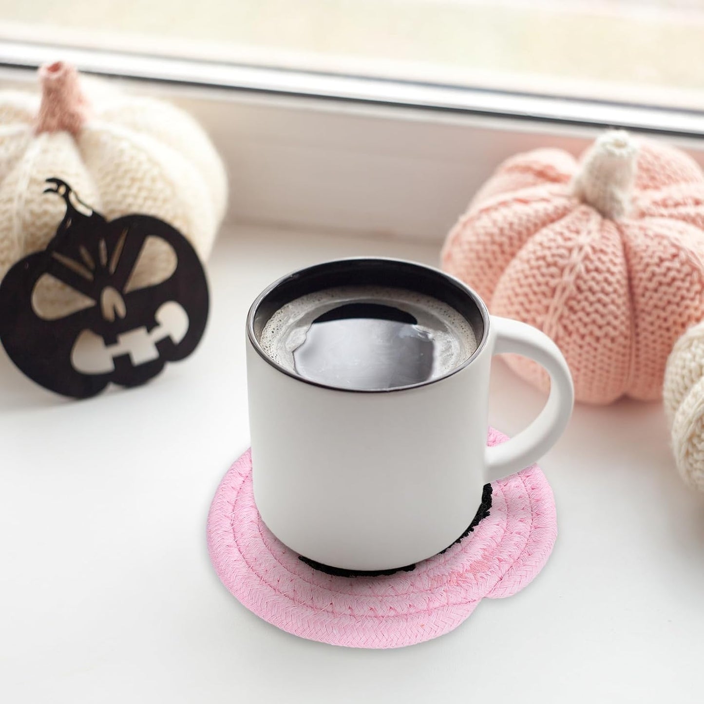 Whaline Halloween Pumpkin Cotton Coasters Pink Pumpkin Face Handmade Braided Drink Coasters Absorbent Cup Mats for Trick or Treat Party Home Table Decor, Set of 4