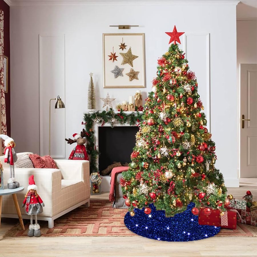 Blue Christmas Tree Skirt 46 Inches Sequin Xmas Tree Skirt Sparkly Tree Mat Round Velvet Tree Skirts Christmas Ornaments Halloween Tree Cover Skirt for Family Embroidery Metallic Tree Base Mat
