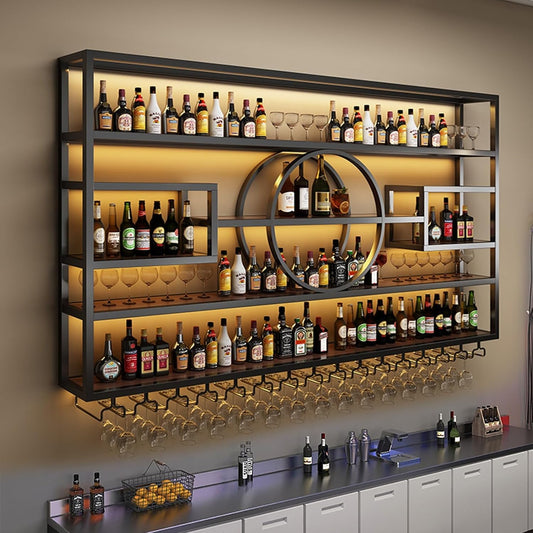 63in Wall Mounted Wine Rack, Modern Metal Wine Bottle and Glass Holder, Iron Display Stand Decorative Wine Rack, for Bar Living Room Dining Room Background (Black, 63 * 8 * 51INCHES)