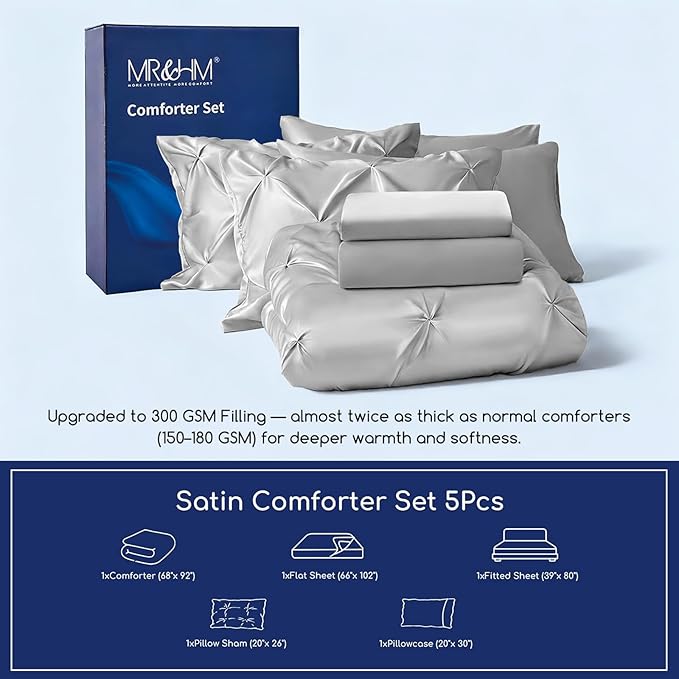 MR&HM Satin Comforter Twin XL 5 Pieces - Luxurious Pinch Pleat Bedding Set with Comforter, Flat Sheet, Fitted Sheet, Pillowcase & Sham, Super Silky Soft Bed Set for All Season (Twin XL, Silver Grey)