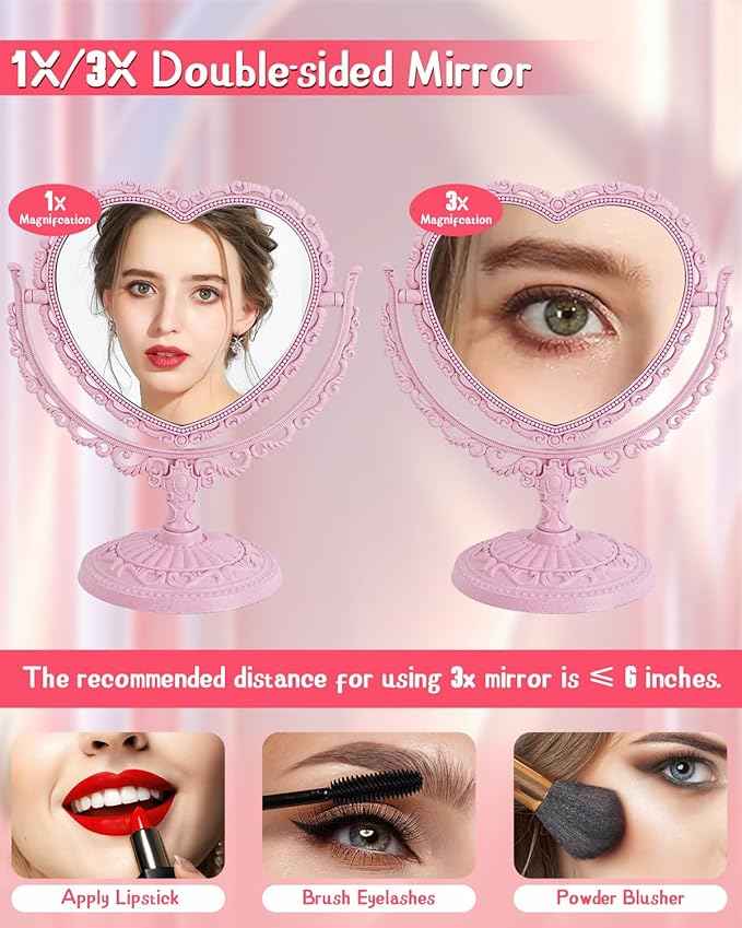D&XQAUO Pink Heart Mirror for Desk Cute Coquette Room Decor Small with Stand,Vanity & Bathroom Double-Sided Rotating Makeup Table Mirror