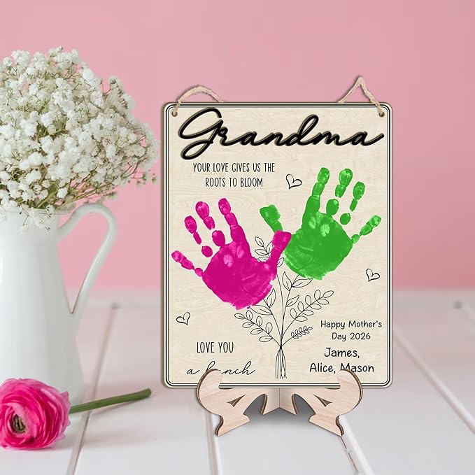 Grandma Handprint Floral Plaque, DIY Mothers Day Handprint Sign, Family Handprints Flower Sign, Birthday Mother's Day Gifts for Grandmother, Nana Memory Keepsake, Your Love Gives Us The Roots To Bloom