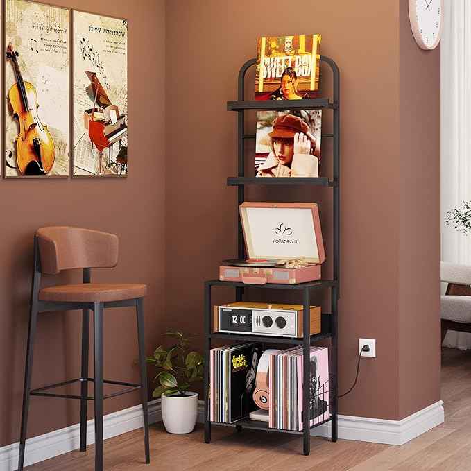 Record Player Stand with Vinyl Storage - 5-Tier Turntable Table with Power Outlet, Adjustable Feet, Metal & Wood Cabinet - Console Organizer Display Shelf for Living Room, Apartment