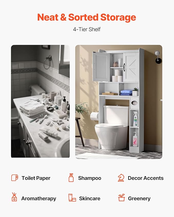 VEVOR Over The Toilet Storage Cabinet, 66.14‘’ Height Bathroom Storage Cabinet Over Toilet with Barn Door and Adjustable Shelf, Bathroom Space-Saving Toilet Rack White Wood with Open Shelf