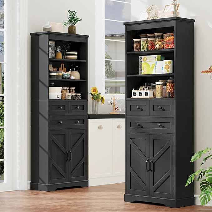 Vabches Farmhouse Bathroom Cabinet, 70" Tall Bathroom Storage Cabinet with 3 Drawers, Adjustable Shelves & Doors, 3 Tier Wood Cabinets for Bathroom, Living Room, Kitchen, Rustic Black