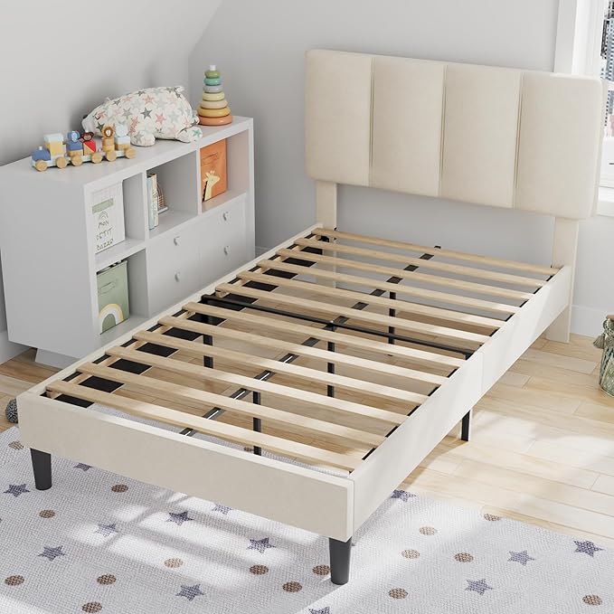 VECELO Twin Bed Frame with Upholstered Headboard, Heavy-Duty Platform Bedframe with Strong Wooden Slats Support, No Boxing Spring Needed, Pale Beige