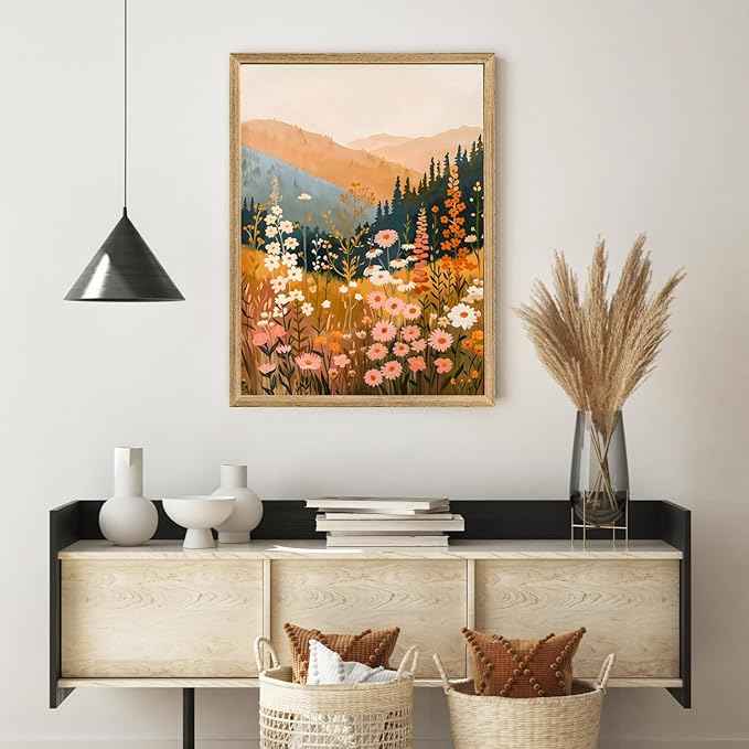 Cyebmo Wood Framed Mountain Wildflower Wall Art Set of 3, Sunset Mountain Nature Wall Decor, Colorful Floral Landscape Canvas Prints, Rustic Botanical Artwork for Bedroom Living Room Office 12x16 Inch